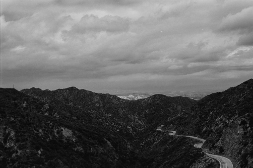 Park road in Angeles National Forest, TMAX100 35mm film with red filter.