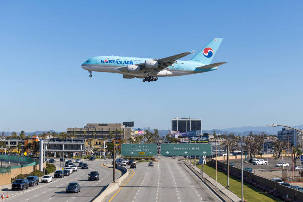 Los Angeles, California, USA - April 6, 2024: Korean Air Airbus A380 approaching Los Angeles International Airport.