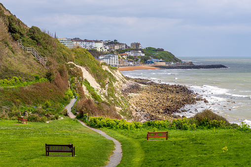 Benches near Castle Cove overlooking Ventnor Bay on the Isle of Wight, England, UK