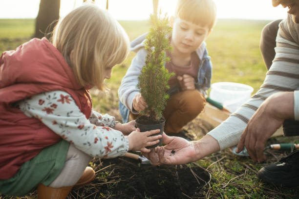 Father and children planting trees outdoors in springtime