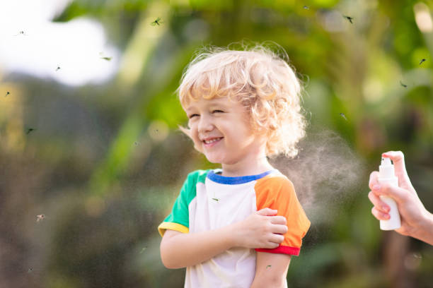 istock Mosquito on kids skin. Insect bite repellent. 2149350561