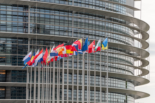 Flags of European countries in front of the European Parliament in Strasbourg. Bas rhin, Alsace, grand est, France, Europe