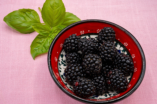 A red, patterned bowl filled with fresh blackberries (Rubus) on a pink background. Decorated with a sprig of basil leaves