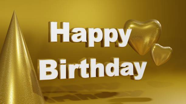 Happy Birthday Word Gold Hat Hearts Gold Side View Background