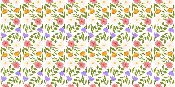 Seamless arrangement featuring floral elements. Botanical-inspired recurring design with lilac, orange, and white flowers, pink cherry blossom, diverse leaves.