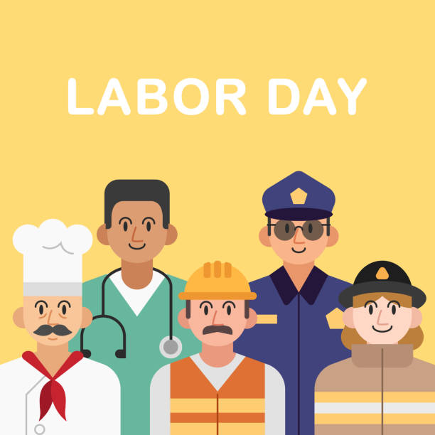 Celebrating Labor Day Labor Day poster with people workers in profession uniform. International job work holiday. Diverse characters employee vector banner. Illustration of labor worker day. pics of the firefighter free stock illustrations