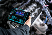 Car mechanic checking ECU electronic control unit with OBD or OBD2 wireless scanner tool , car information showing on screen interface