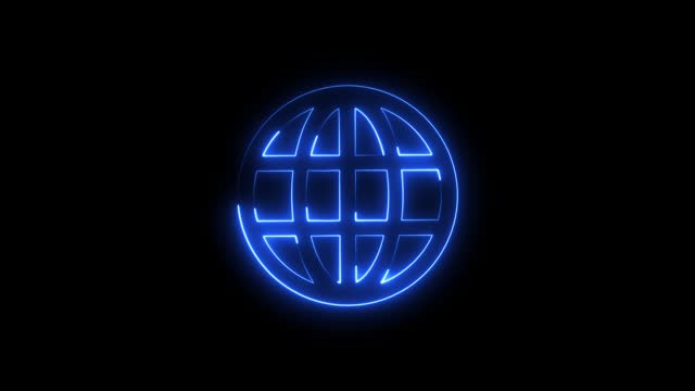 Glowing neon  globe icon isolated on black background. Global search sign. 4K Video motion graphic animation.