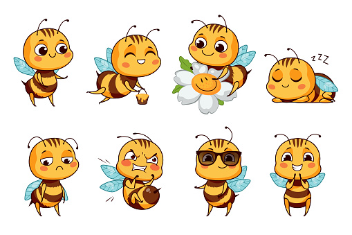Cute honey bee collection. Vector illustration in cartoon style.