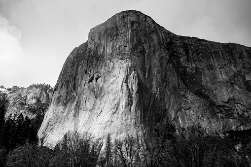 El Capitan of Yosemite National Park as seen from the Merced River in stunning black and white.