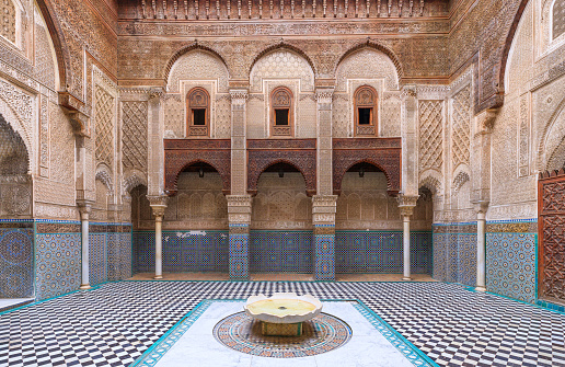 Fez or Fes, Morocco. Courtyard of the Al-Attarine Madrasa.