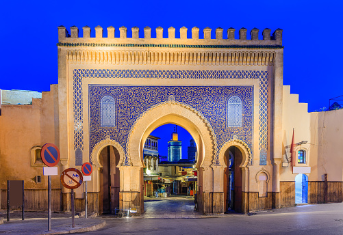 Fez or Fes, Morocco. Bab Bou Jeloud gate (or Blue Gate)