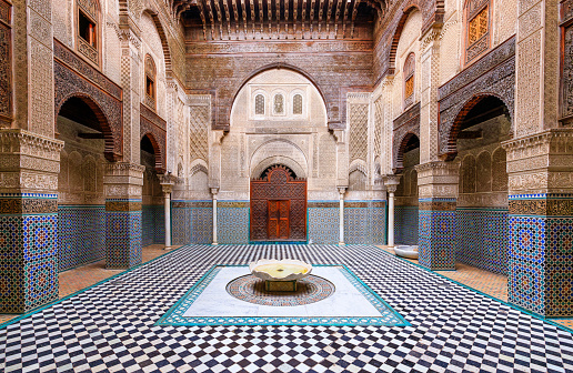 Fez or Fes, Morocco. Courtyard of the Al-Attarine Madrasa.