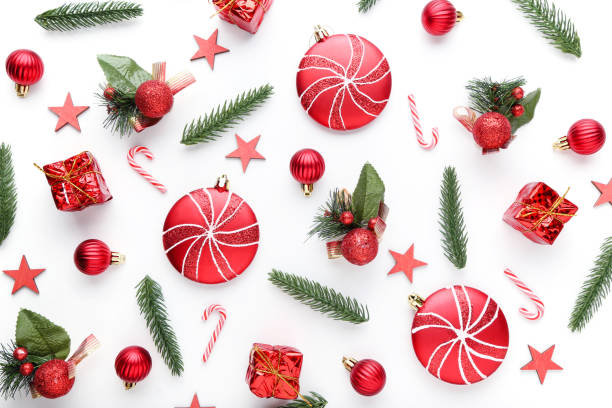 istock Christmas composition. Fir tree branches with ornaments on white background 2149361568