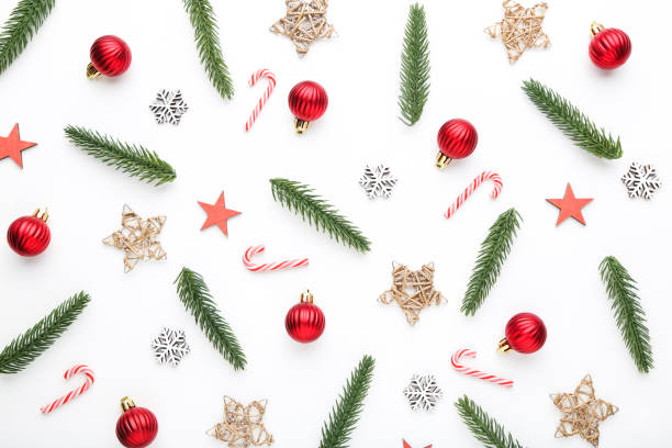 istock Christmas composition. Fir tree branches with ornaments on white background 2149361713