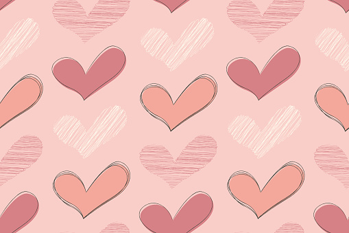 scribble, Artistic drawing, art Doodle, pattern, funky drawing Seamless pattern of sketched hearts in varying designs on a soft pink backdrop, perfect for Valentine's Day themes.