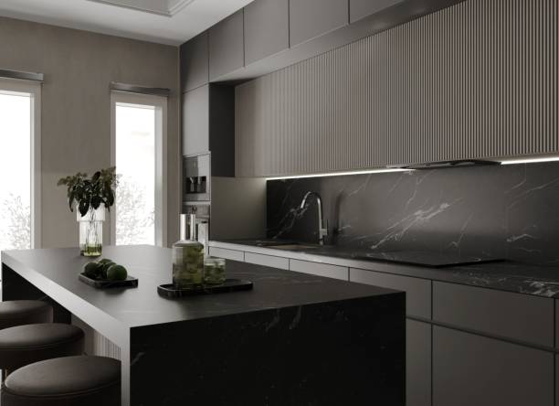 istock Modern Anthracite Kitchen and Dinig Room Interior Design. 3D Modelling. 2149361895