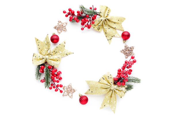 istock Christmas composition. Fir tree branches with red baubles, berries and golden bows on white background 2149362007