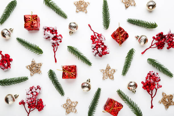 istock Christmas composition. Fir tree branches with ornaments on white background 2149362210