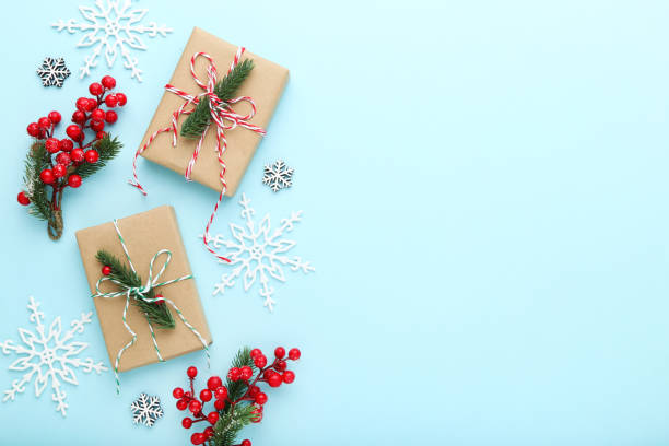 istock Christmas ornaments on blue background 2149362610