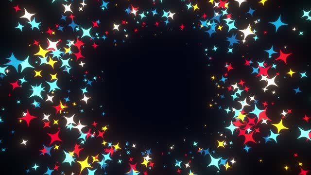 Sparkling stars effect animated background. Twinkling stars animation, colored cartoon, flat, doodles style stars blinking, glitter on black background, night sky. Neon retro 80s style neon stars