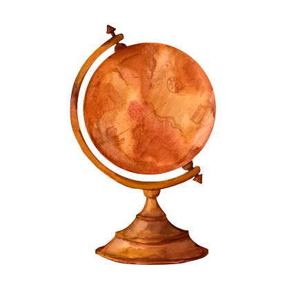 Antique globe on a bronze stand, hand-painted in vintage style watercolor object isolated on a white background. Interior decor and wall art on retro themes, travel, libraries, books, museums.