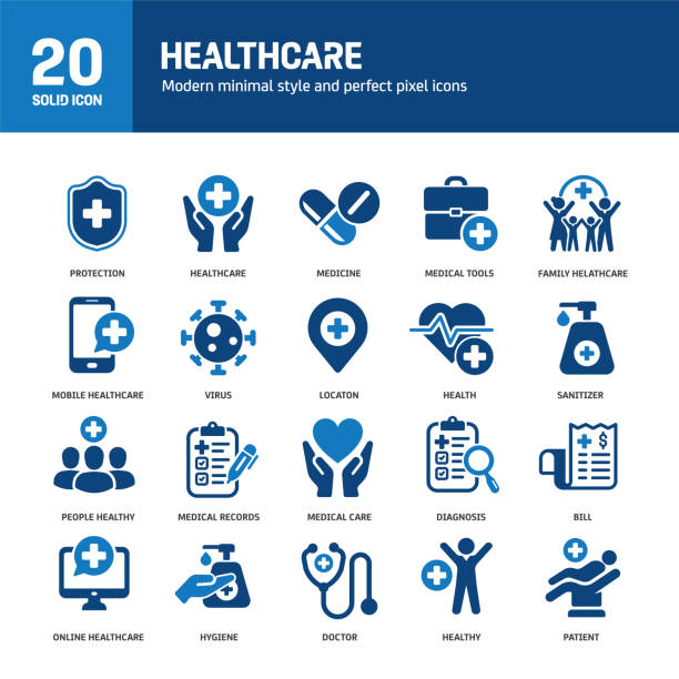 plné ikony glyfů pro zdravotnictví. obsahuje lékařskou prohlídku, medicínu, lékaře, pojištění sbírku pevných ikon. vektorová ilustrace. pro design webových stránek, logo, aplikaci, šablonu, uživatelské rozhraní atd. - zdravotní pojištění stock ilustrace