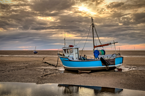 View of a moored boat at Hoylake, Wirral