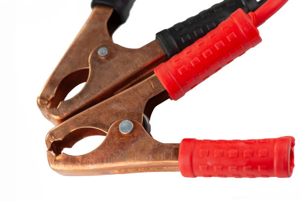 istock Car battery clamps, close up. Isolated on white background. 2149366672