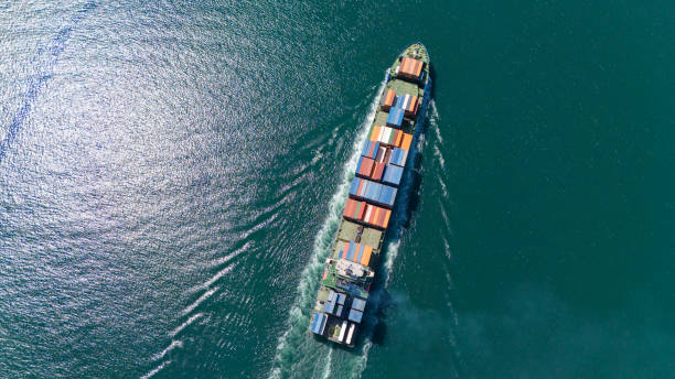 istock Aerial top view of container cargo logistic ship in transit. 2149367022