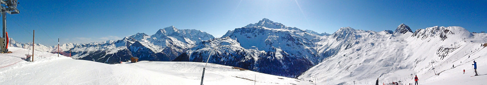 Ski slopes at Nätschen above Andermatt, looking towards Hospeltal, Realp and Furka Pass in the Urseren Valley in Switzerland