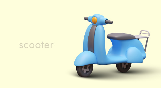 Poster with realistic 3d scooter on yellow background with place for text. Electric transport in blue colors for product delivery. Vector illustration in 3d style