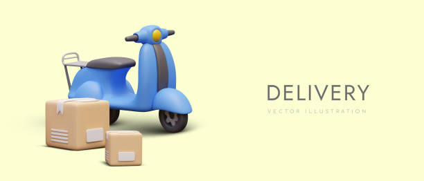 istock Concept of delivery of orders, parcels, purchases. Realistic scooter, unmarked cardboard boxes 2149369099