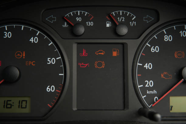 istock Car speedometer - auto Dashboard with low fuel gauge and error lights 2149369736