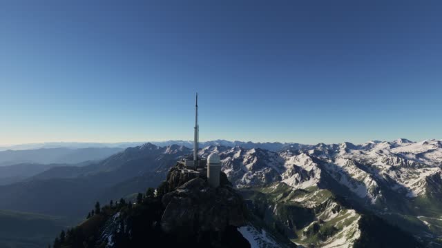 Aerial shot of Pic du Midi de Bigorre Observatory in French Pyrenees. France