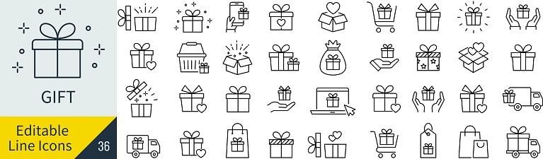 Editable Line Vector Gift Icon Set (Not Outlined)