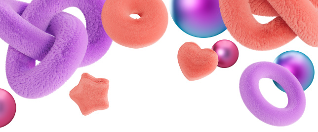 Playful header with abstract, fluffy and metallic 3D shapes, isolated on white background. Modern border. Pink and purple colors. Y2k style. Girlish design. Top of the sheet. Cut out. 3D render