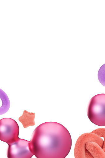 Playful footer with abstract, fluffy and metallic 3D shapes, isolated on white background. Modern border. Pink and purple colors. Y2k style. Girlish design. Bottom of vertical page. 3D render