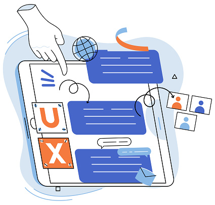 User experience design. Vector illustration. Designing software, process centered around captivating user interface User interface, conversation starter between software and its users UX UI design