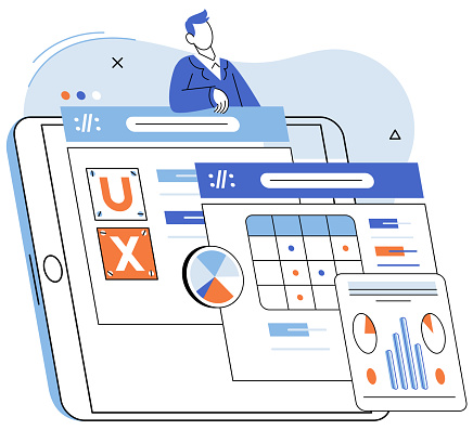 User experience design. Vector illustration. UX, compass pointing towards intuitive user interface Designing software, endeavor to create user interface that tells story User interface