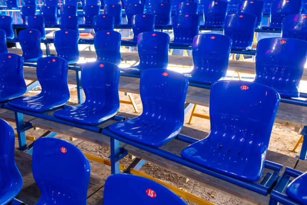 istock Blue seats on the podium as a background 2149375868