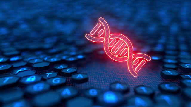 Seamless loop. Hexagon shell with sequencing ATGC and glowing DNA icon. Double helix structure. Nucleic acid sequence. Genetic research. Transformation of genome code into digital form. 3d illustration.