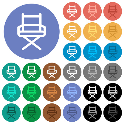 Director chair outline multi colored flat icons on round backgrounds. Included white, light and dark icon variations for hover and active status effects, and bonus shades.