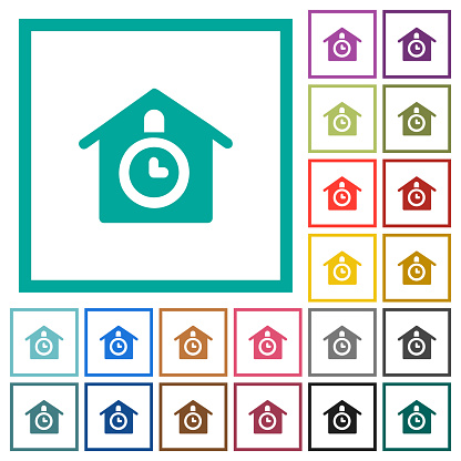 Cuckoo clock solid flat color icons with quadrant frames on white background
