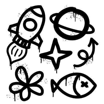 Doodle funky graffiti symbols. Rocket, saturn, arrow, flower and dead fish