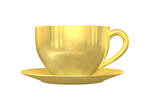 Gold cup and saucer isolated on white background. 3D illustration.