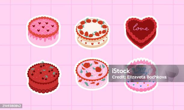 Cakes Production Sticker Sticker Set Of Various Cakes Vector Flat Illustration Stock ...
