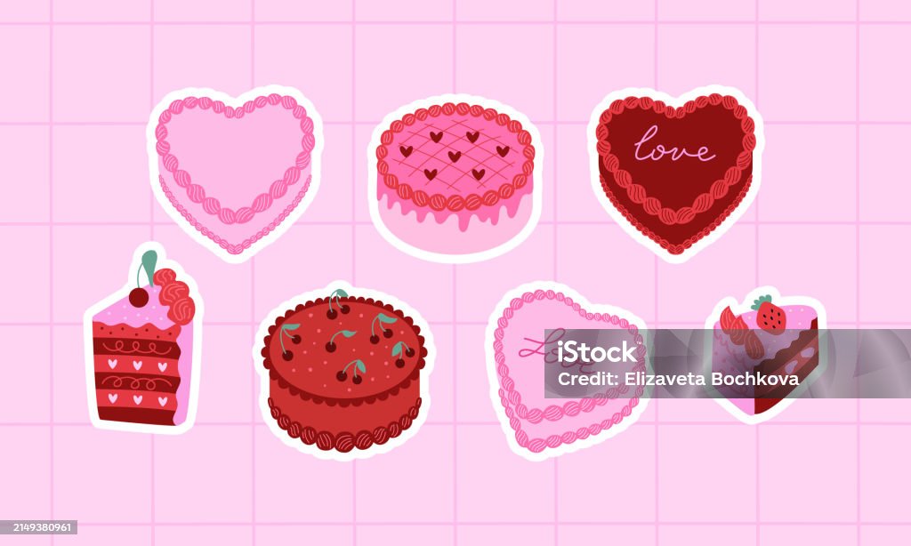 Cake Sticker Background Sticker Set Of Various Cakes Vector Flat Illustration On Checkered ...