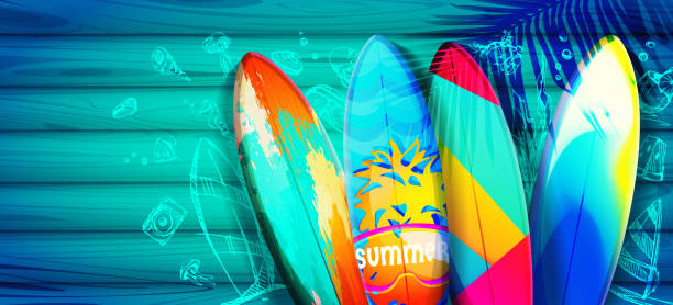 istock Summer exotic vacation concept in cartoon style. Multi-colored surfboards in the shade of palm trees on an abstract wooden background with summer hand-drawn designs. Stylish vector illustration. 2149381317