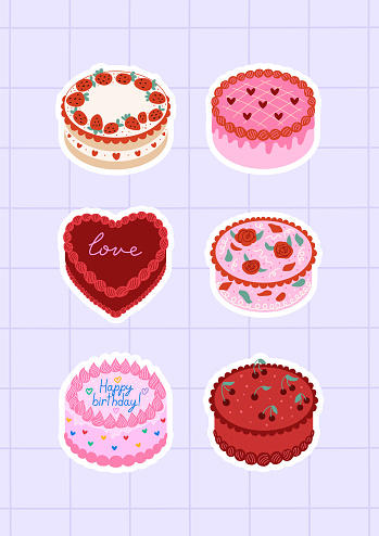 Sticker set of various cakes. Vector flat illustration on checkered background. Cute cakes with hearts, roses, strawberries and cherries